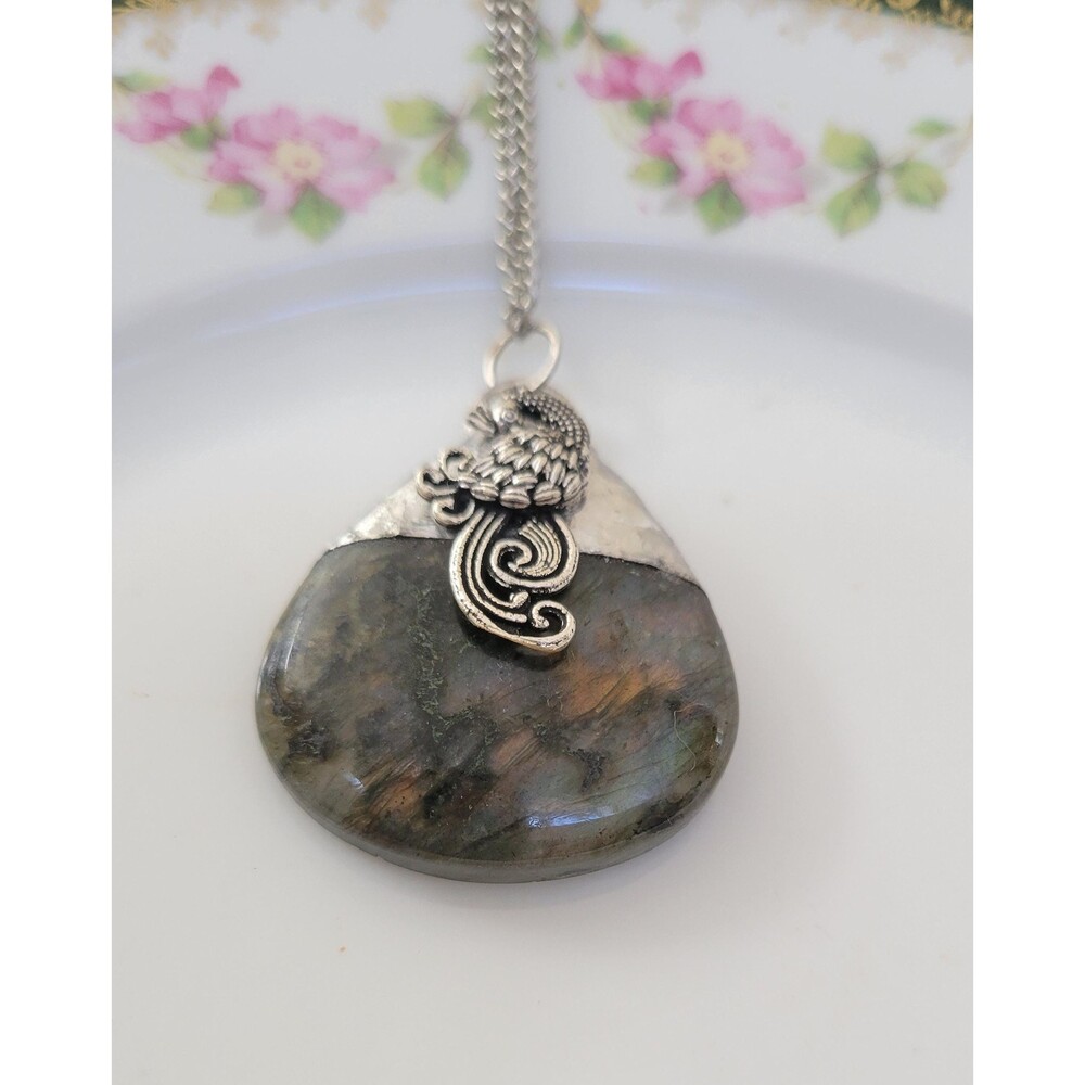 Labradorite Peacock Soldered Pendant Necklace - Picture 2 of 5